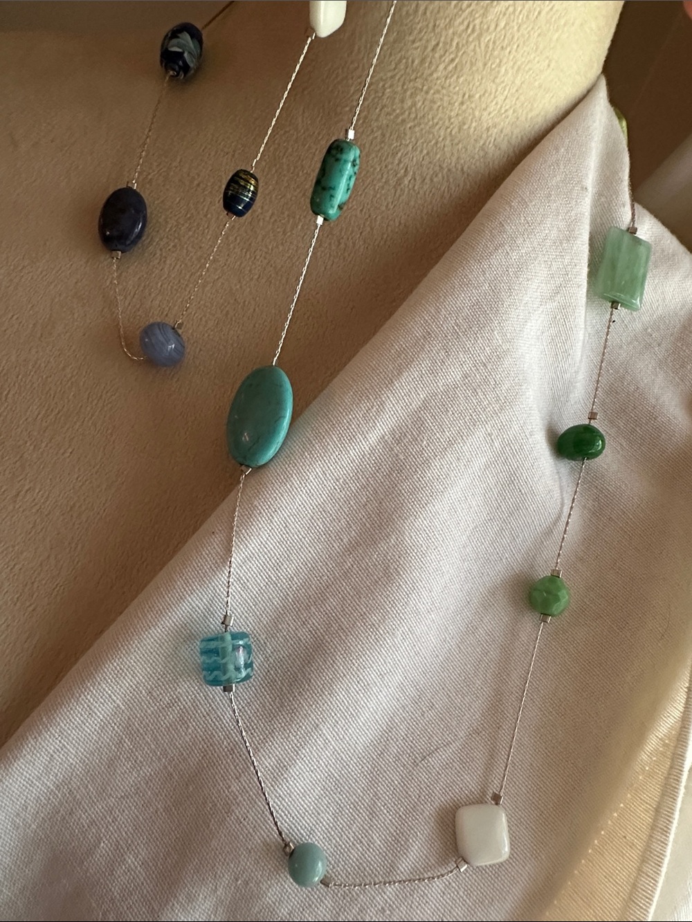 Long Multi-Stone Beaded Necklace in Blue and Green